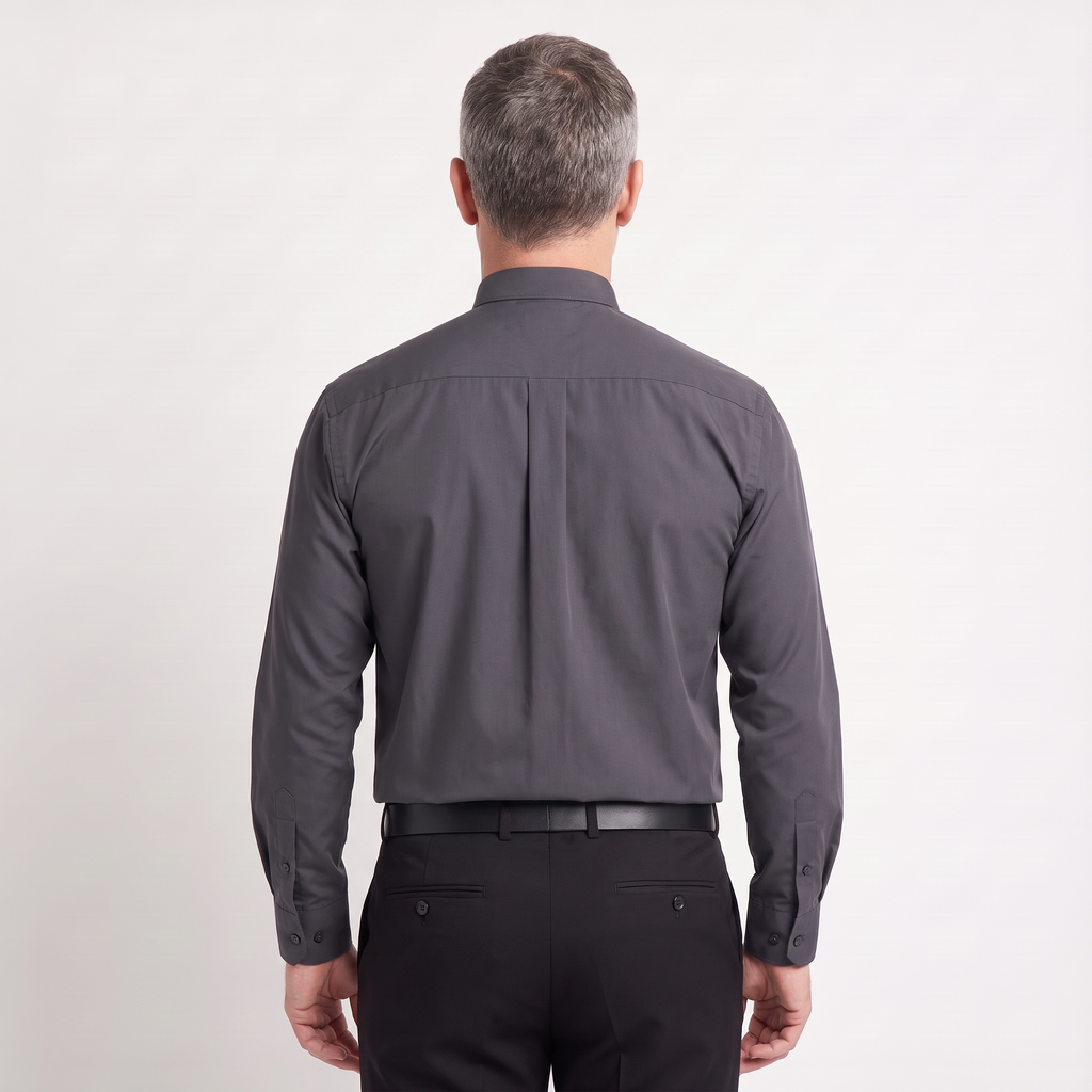 Back view of the charcoal clergy shirt showing the shoulder yoke and centre pleat.