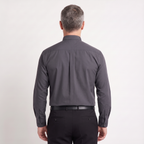 Back view of the charcoal clergy shirt showing the shoulder yoke and centre pleat.