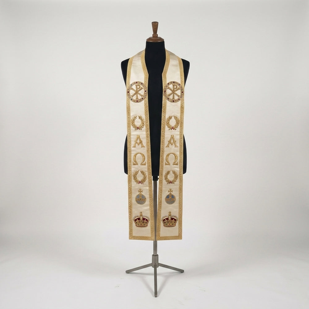 Ivory priest stole on a mannequin, gold Chi Rho medallion, wreath, Alpha and Omega and crown on both panels.
