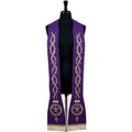 Violet Lent stole laid flat with a gold and silver crown-of-thorns vine running each panel down to a Chi Rho medallion.