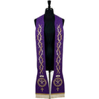 Violet Lent stole laid flat with a gold and silver crown-of-thorns vine running each panel down to a Chi Rho medallion.