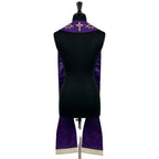 Back view of the violet Lent stole on a dress form, with a small cross and thorn sprigs embroidered at the collar.