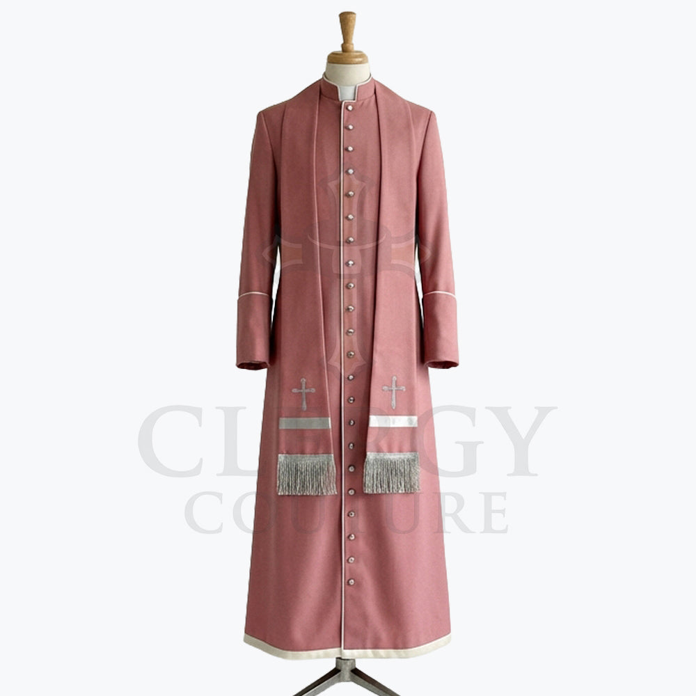Front view of a dusty rose clergy cassock robe with silver crosses embroidered down the front panels and a silver-fringed chest panel.
