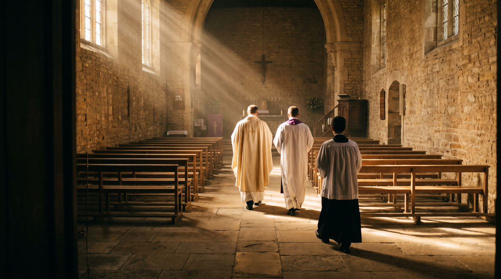Vested clergy in procession down the nave of a stone church, lit by afternoon light from clerestory windows