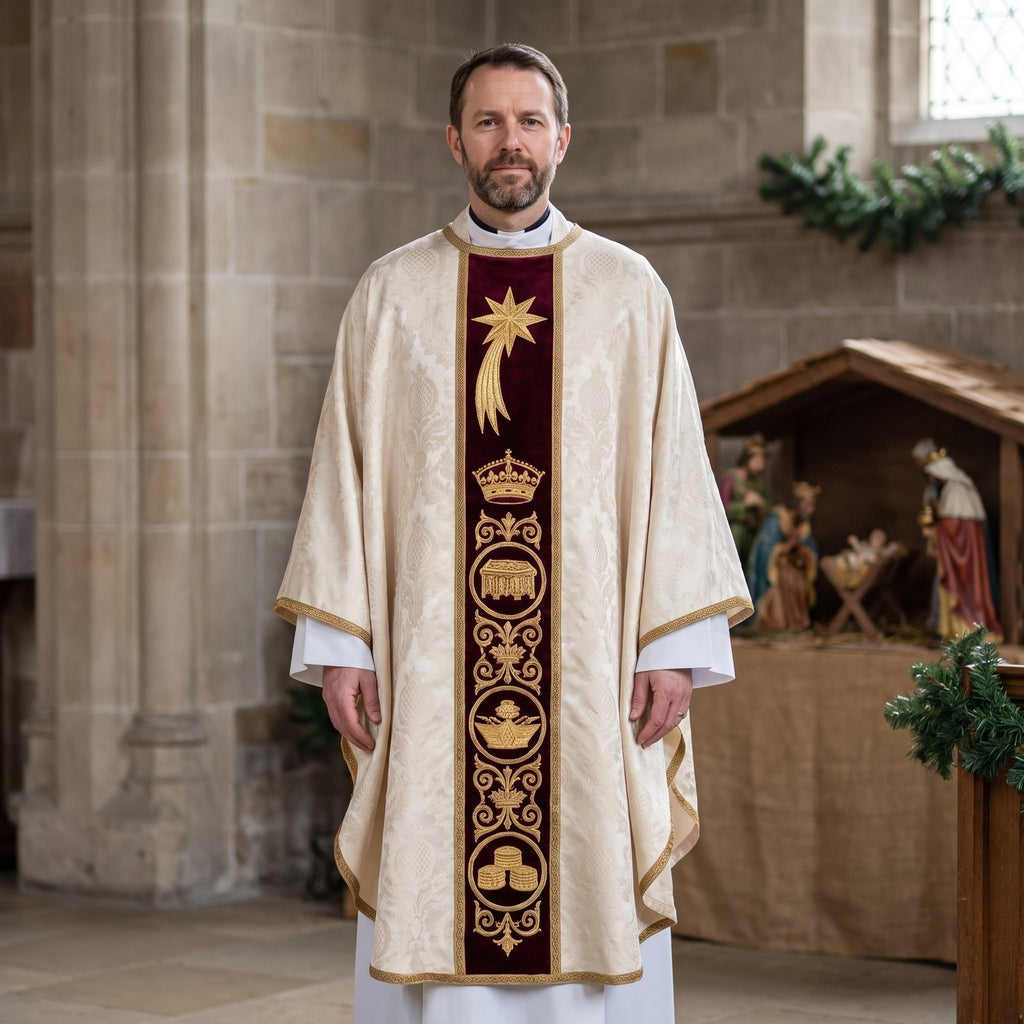 A priest wearing the ivory Epiphany chasuble with burgundy velvet orphrey beside a Nativity crib in a stone church