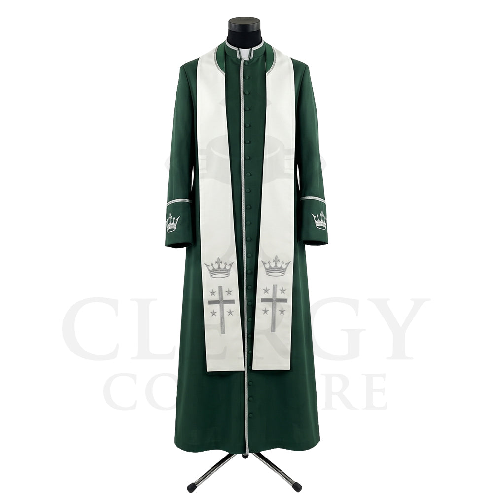 Front view of a forest green clergy cassock robe worn with the optional cream stole embroidered with silver crowns and crosses.
