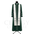 Front view of a forest green clergy cassock robe worn with the optional cream stole embroidered with silver crowns and crosses.