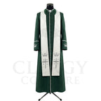 Front view of a forest green clergy cassock robe worn with the optional cream stole embroidered with silver crowns and crosses.