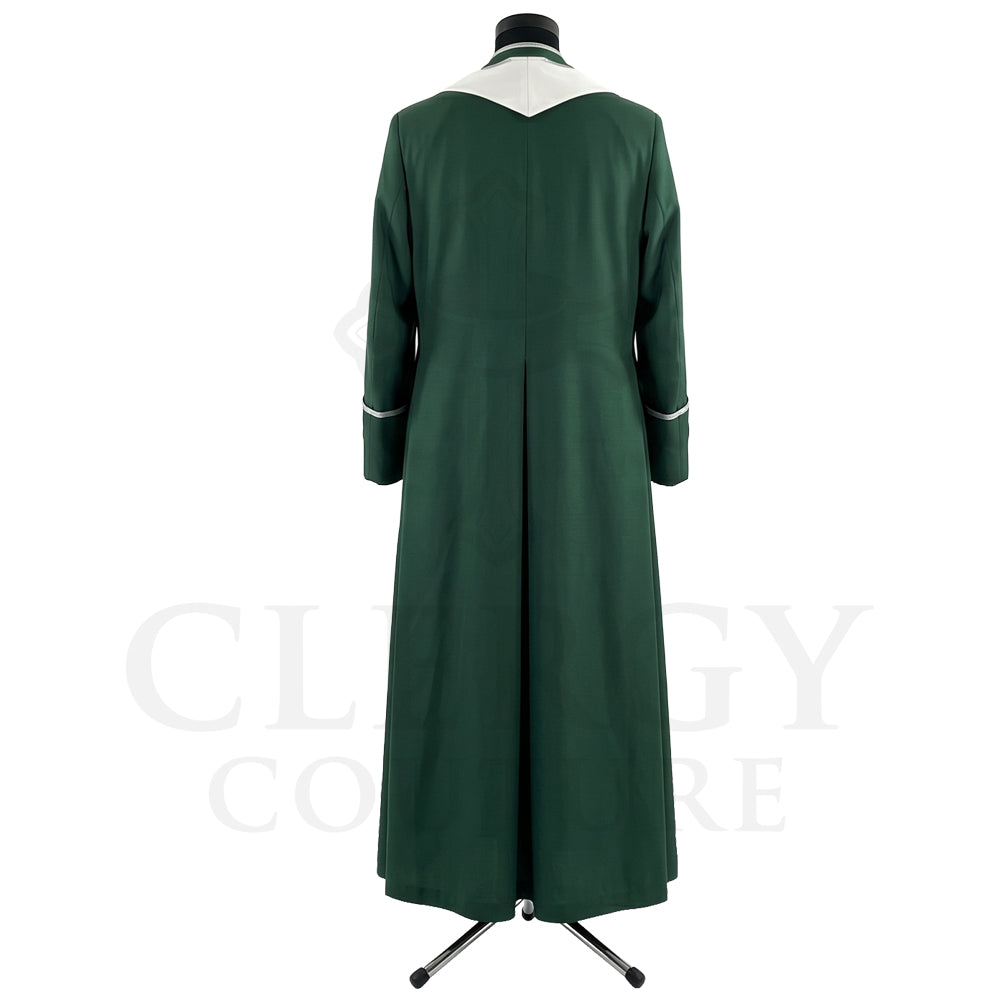 Back view of the forest green cassock robe without the stole, showing the pointed cream yoke across the shoulders.