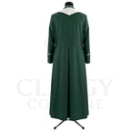 Back view of the forest green cassock robe without the stole, showing the pointed cream yoke across the shoulders.