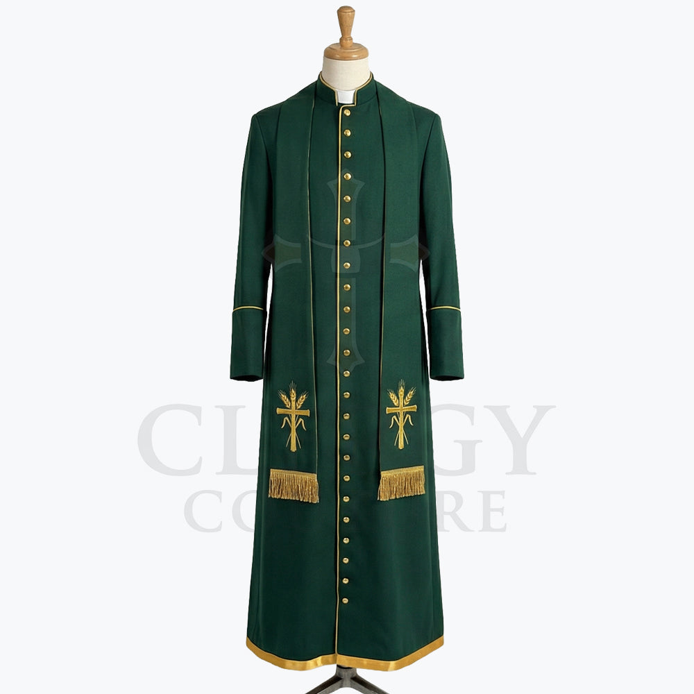 Front view of a forest green clergy cassock robe with gold buttons, embroidered gold crosses and gold-fringed tassels at the chest.