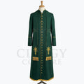 Front view of a forest green clergy cassock robe with gold buttons, embroidered gold crosses and gold-fringed tassels at the chest.