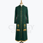 Front view of a forest green clergy cassock robe with gold buttons, embroidered gold crosses and gold-fringed tassels at the chest.