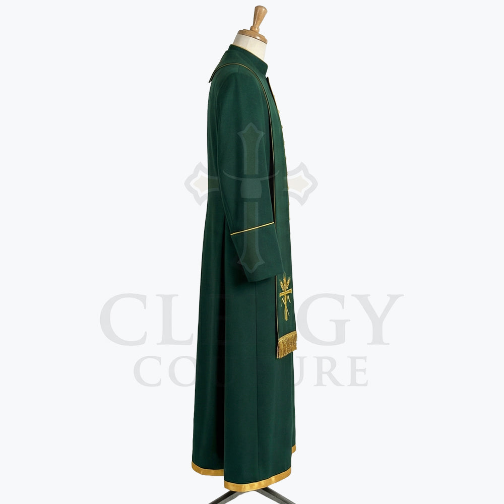 Side view of the forest green cassock robe showing the gold cuff piping and the gold band at the hem.