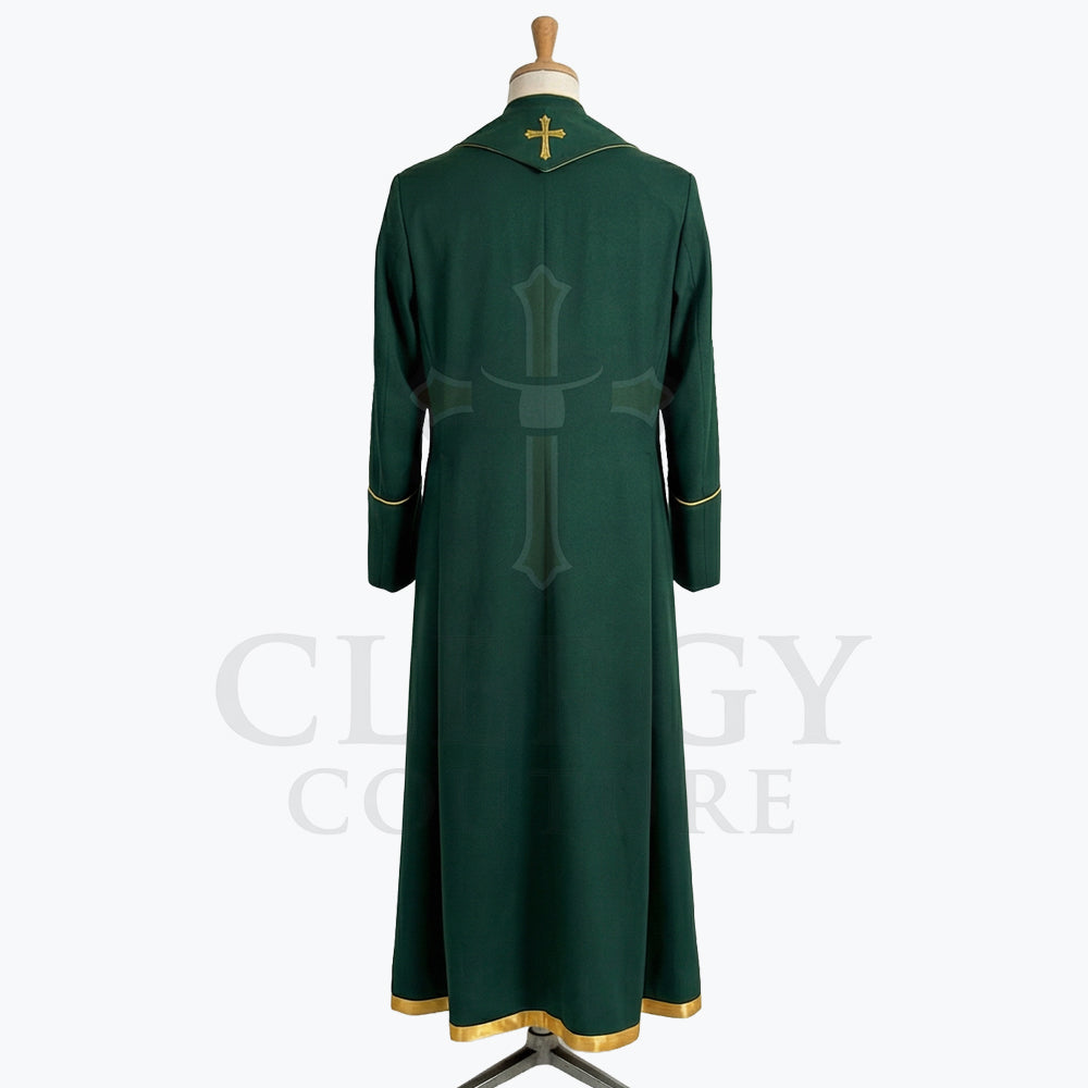 Back view of the forest green cassock robe, showing the plain back, the gold collar cross and the gold hem band.