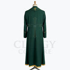 Back view of the forest green cassock robe, showing the plain back, the gold collar cross and the gold hem band.