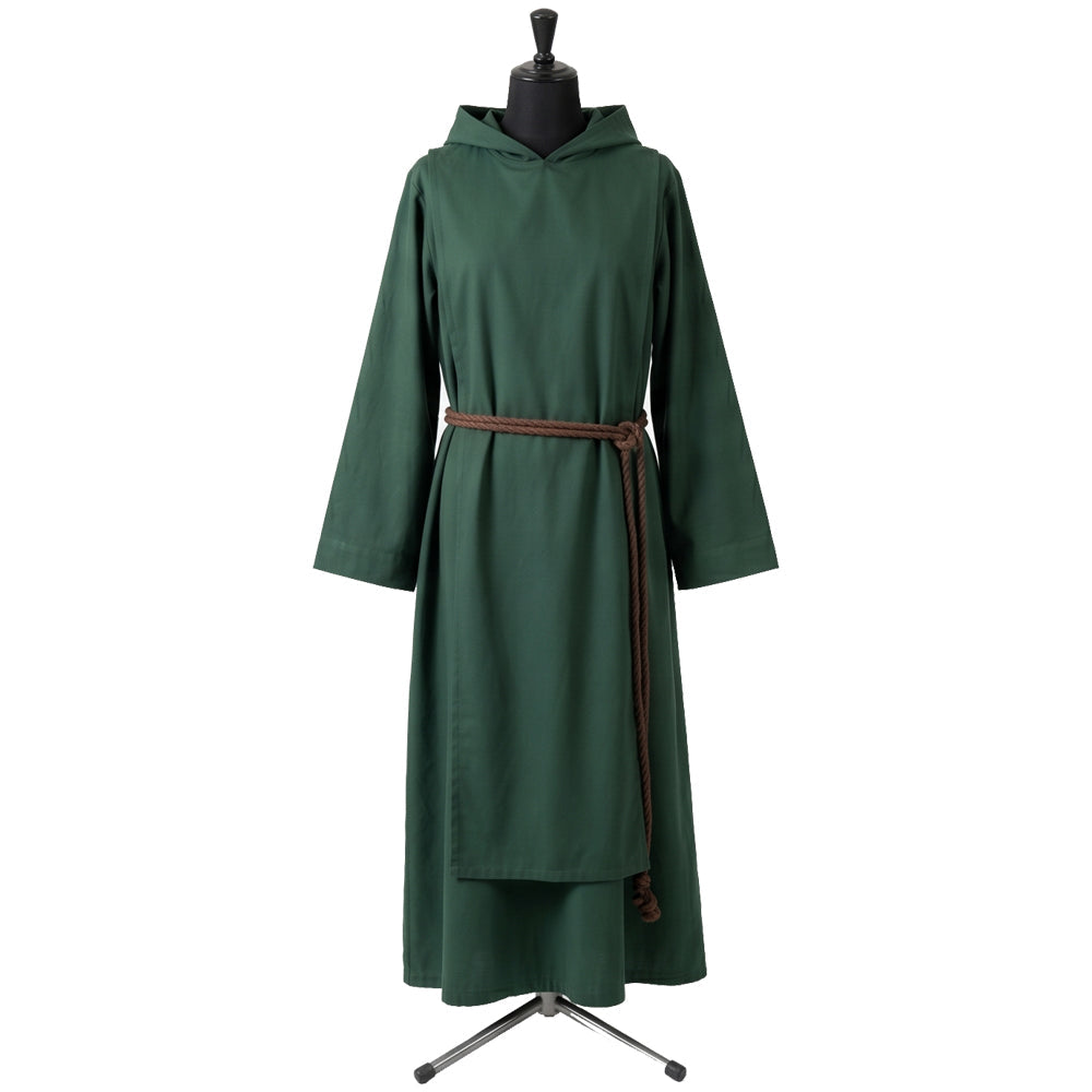 Front view of a forest-green hooded monk habit with a rope cincture and stepped two-tier hem