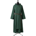 Front view of a forest-green hooded monk habit with a rope cincture and stepped two-tier hem