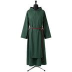 Front view of a forest-green hooded monk habit with a rope cincture and stepped two-tier hem