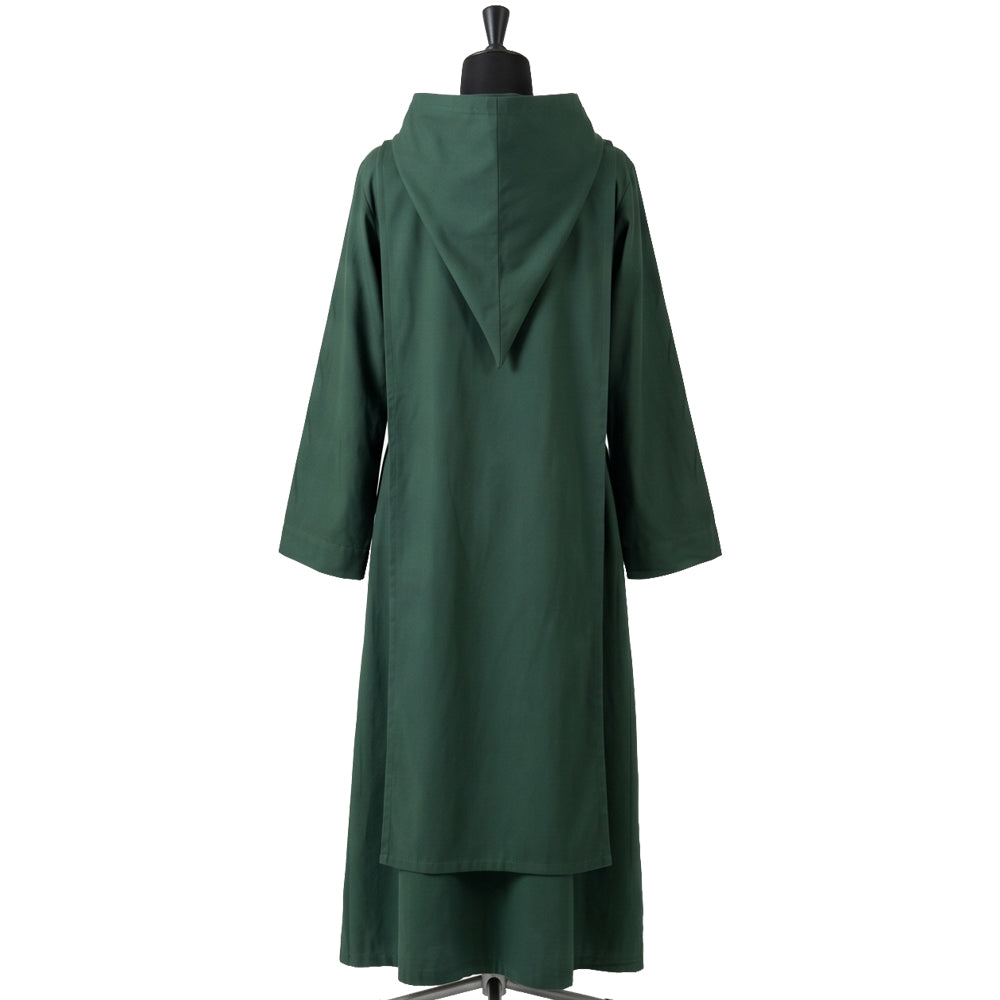 Back view of the forest-green monk habit showing the pointed hood's deep triangular seam