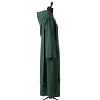 Side profile of the forest-green monk habit showing the gusseted hood and bell sleeve shape
