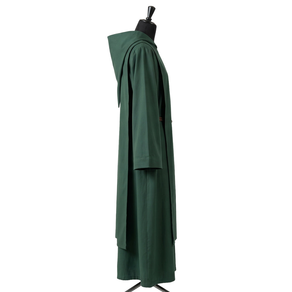 Side profile of the forest-green monk habit showing the gusseted hood and bell sleeve shape