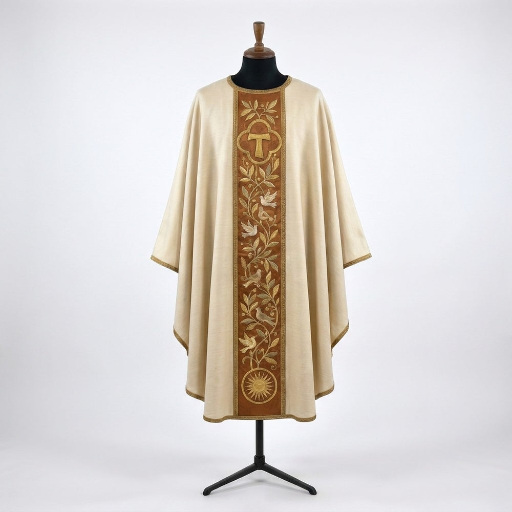 Front of an ivory Franciscan chasuble with a terracotta column orphrey: a gold Tau in a quatrefoil, an olive vine with white doves and a radiant sun at the hem