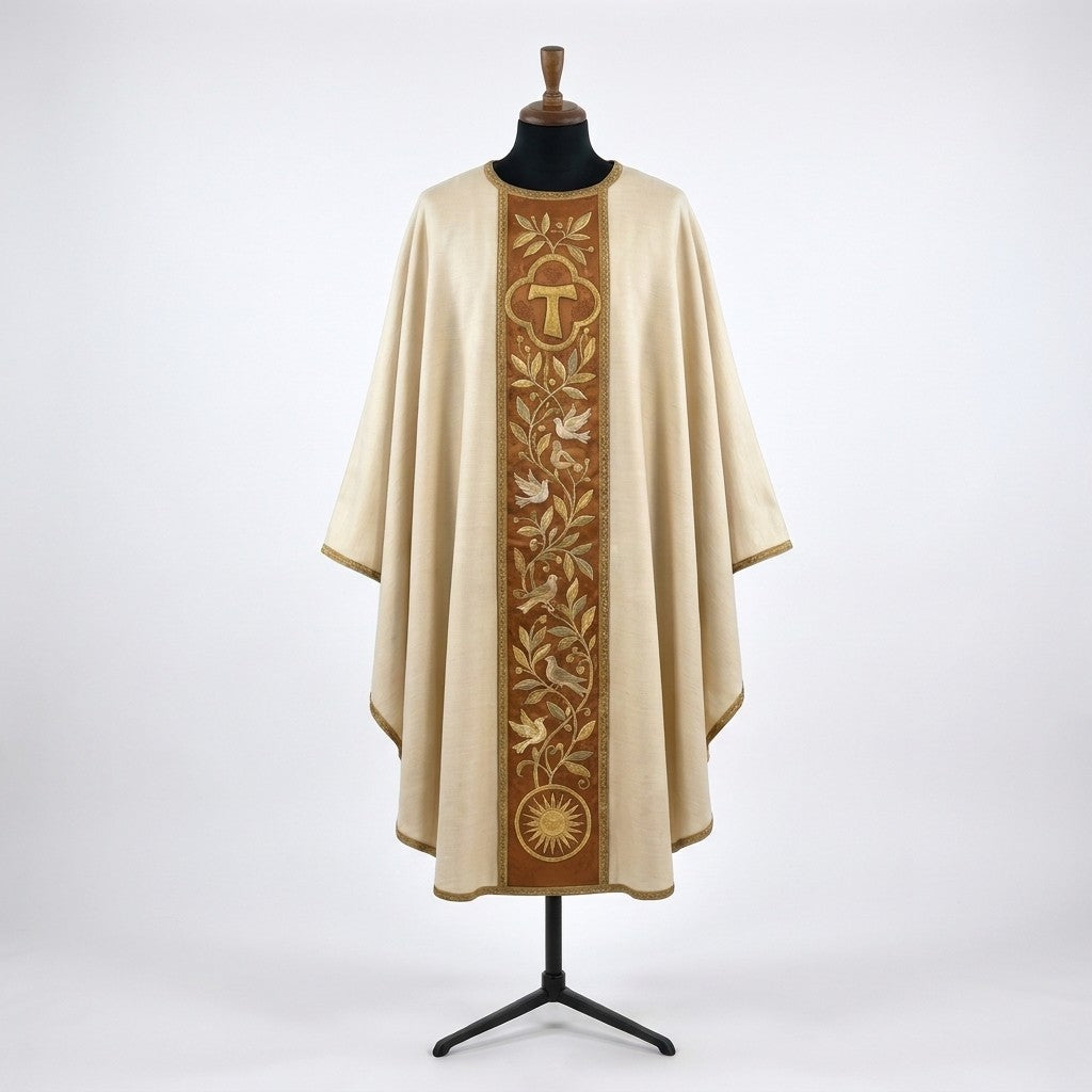 Front of an ivory Franciscan chasuble with a terracotta column orphrey: a gold Tau in a quatrefoil, an olive vine with white doves and a radiant sun at the hem