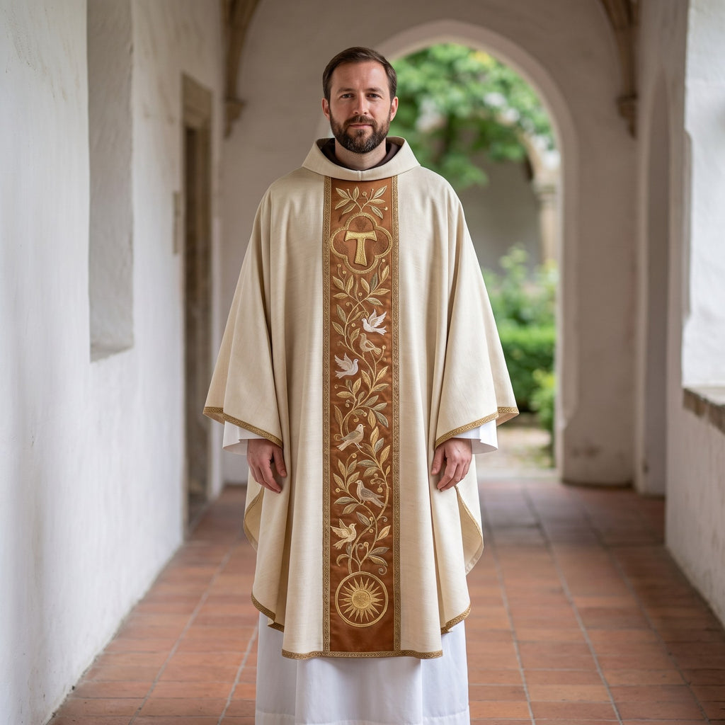 A priest wearing the ivory Franciscan chasuble with terracotta Tau and dove orphrey in a whitewashed cloister