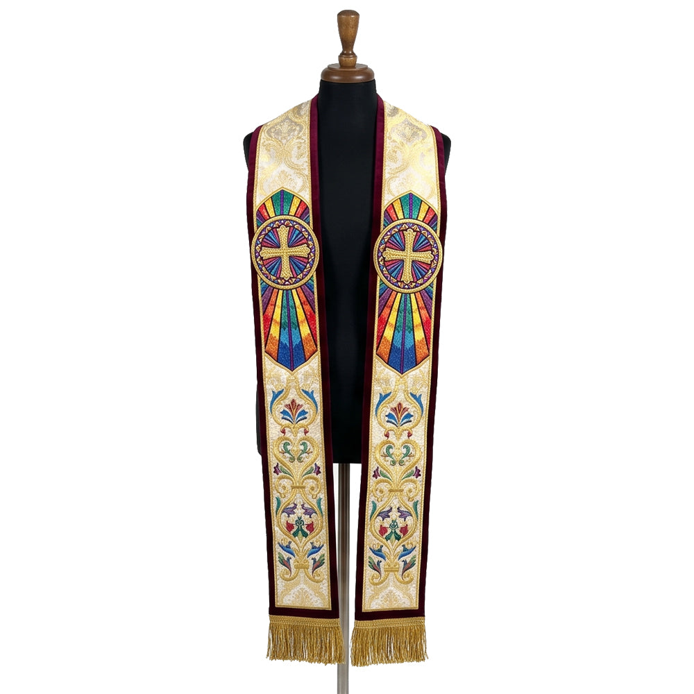 Ivory and gold brocade stole laid flat with a sunburst cross medallion and floral scrollwork, edged in burgundy velvet.
