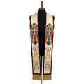 Ivory and gold brocade stole laid flat with a sunburst cross medallion and floral scrollwork, edged in burgundy velvet.