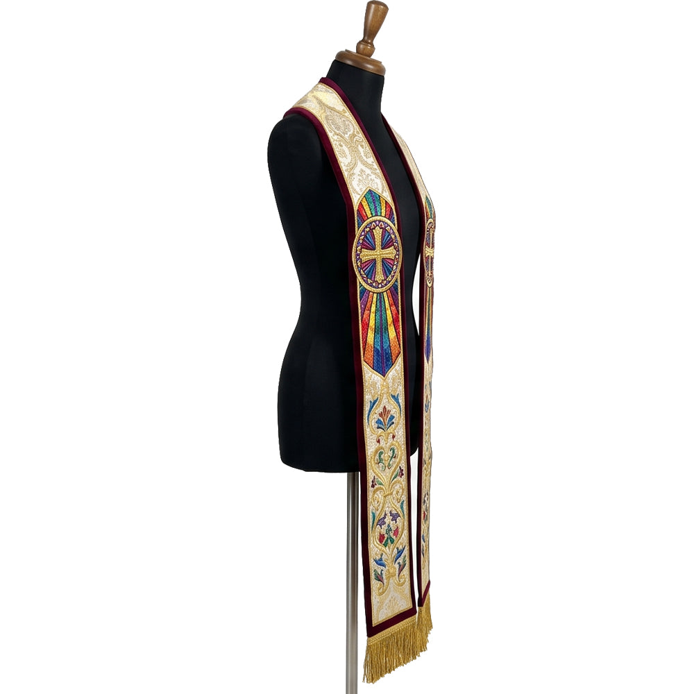 Close side view of the gold brocade stole showing the sunburst cross medallion and burgundy velvet edge.