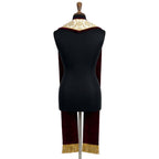 Back view of the gold brocade stole on a dress form, showing the plain woven brocade pattern and velvet-look edged collar.