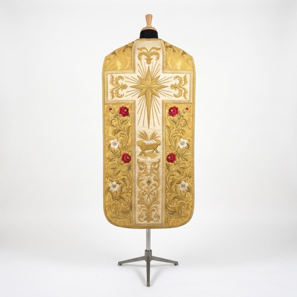 Back of the gold fiddleback chasuble with an ivory cross: radiant Nativity star, the manger, gold acanthus, red roses and white lilies