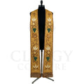 Front view of the Gold Harvest Stole with wheat sheaf and grape cluster vine embroidery on damask-look cloth