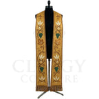 Front view of the Gold Harvest Stole with wheat sheaf and grape cluster vine embroidery on damask-look cloth