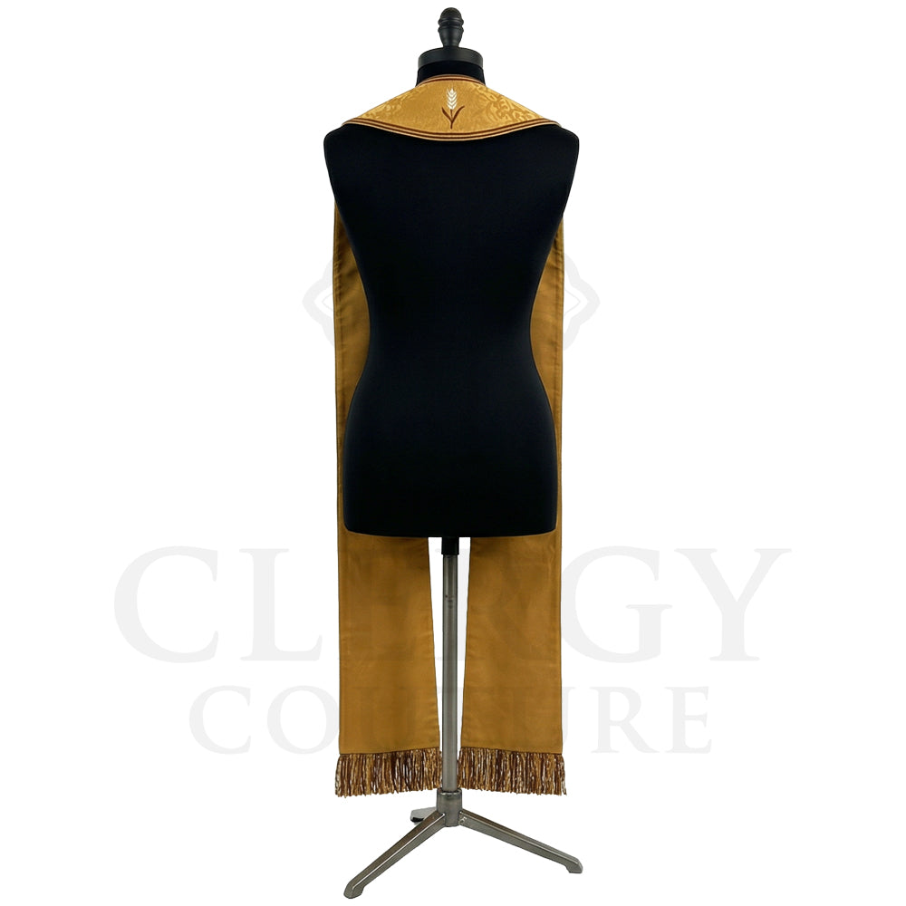 Back view of the Gold Harvest Stole in plain damask-look cloth with a small wheat sprig at the neck