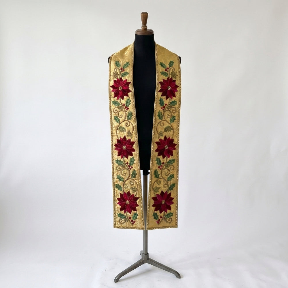 Front view of the Gold Poinsettia and Holly Christmas Stole with raised red floral appliques