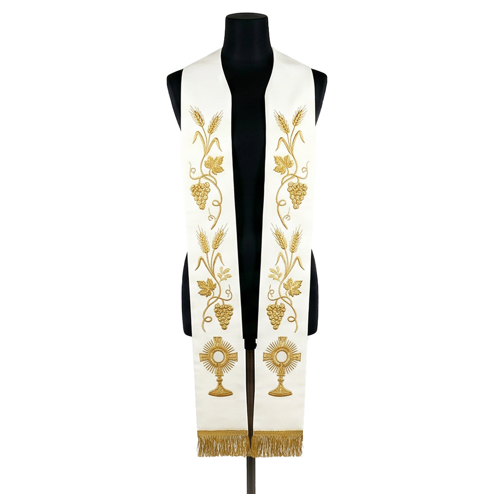 Front view of the Ivory and Gold Monstrance Stole, showing the stacked wheat and grape repeats near the hem.
