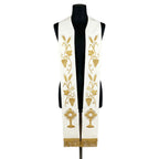 Front view of the Ivory and Gold Monstrance Stole, showing the stacked wheat and grape repeats near the hem.