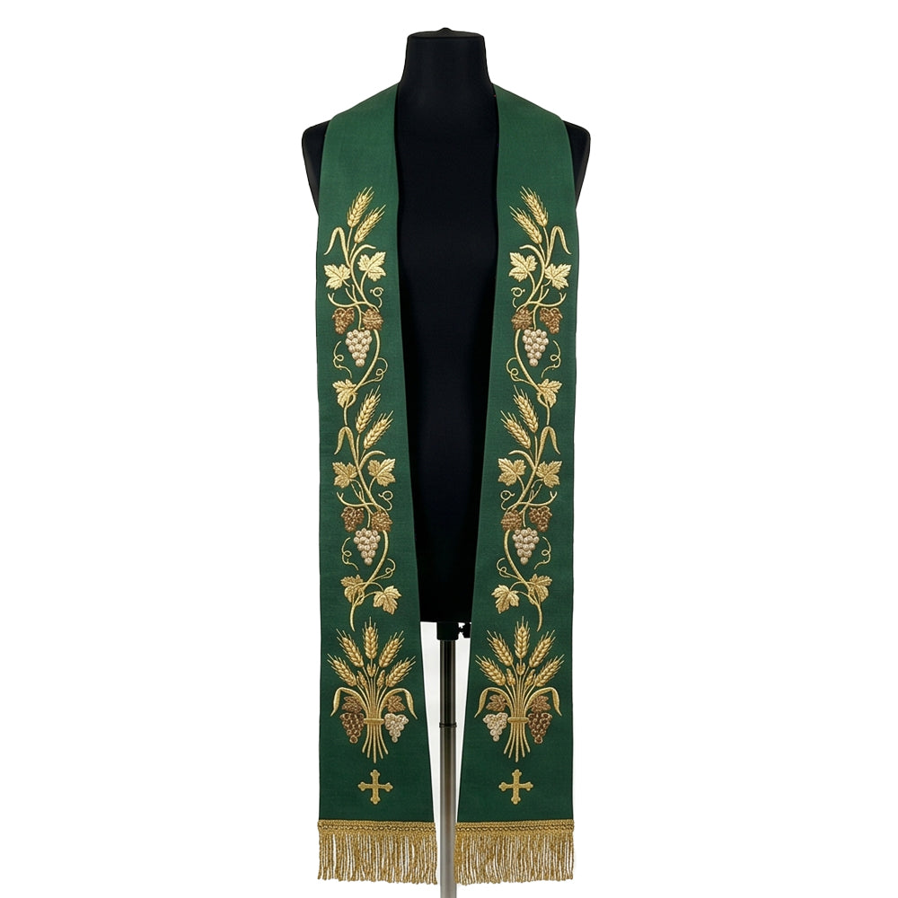 Front view of the Green Chalice and Grapevine Stole with wheat and vine embroidery on each panel
