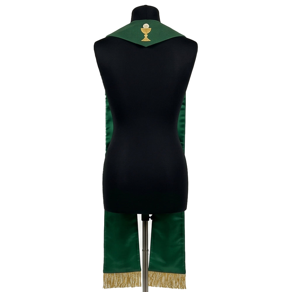 Back collar of the Green Chalice Stole showing a gold chalice with a white host embroidered at the neck