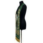 Side profile of the Green Chalice and Grapevine Stole showing gold fringe at the hem