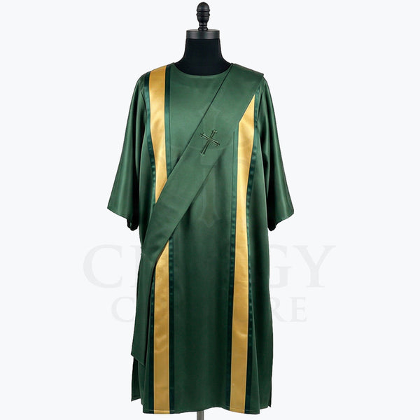 Green satin dalmatic with gold orphrey bands and a gold cross at the breast, front view with the matching deacon's stole worn across the body
