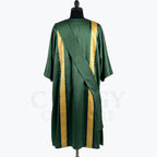 Back view of the green satin dalmatic showing the gold clavi bands running the full length and the stole crossing the back