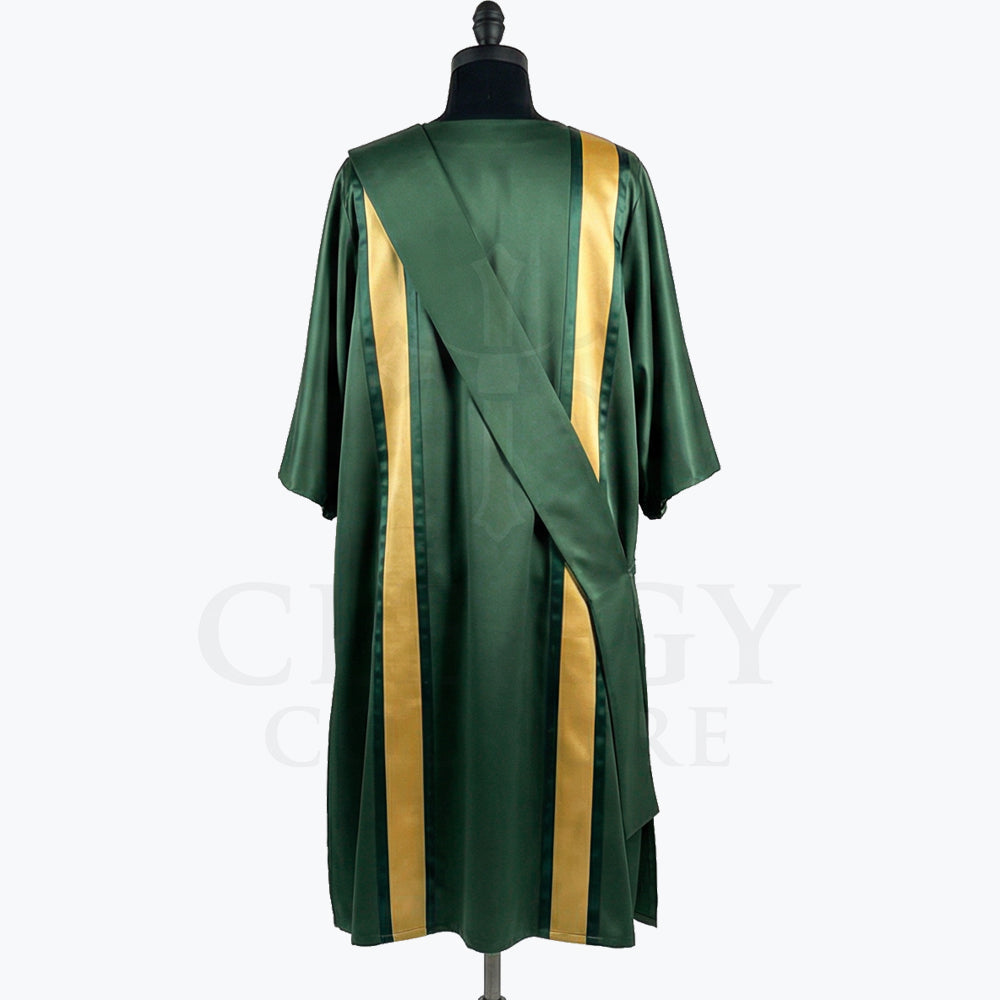 Back view of the green satin dalmatic showing the gold clavi bands running the full length and the stole crossing the back