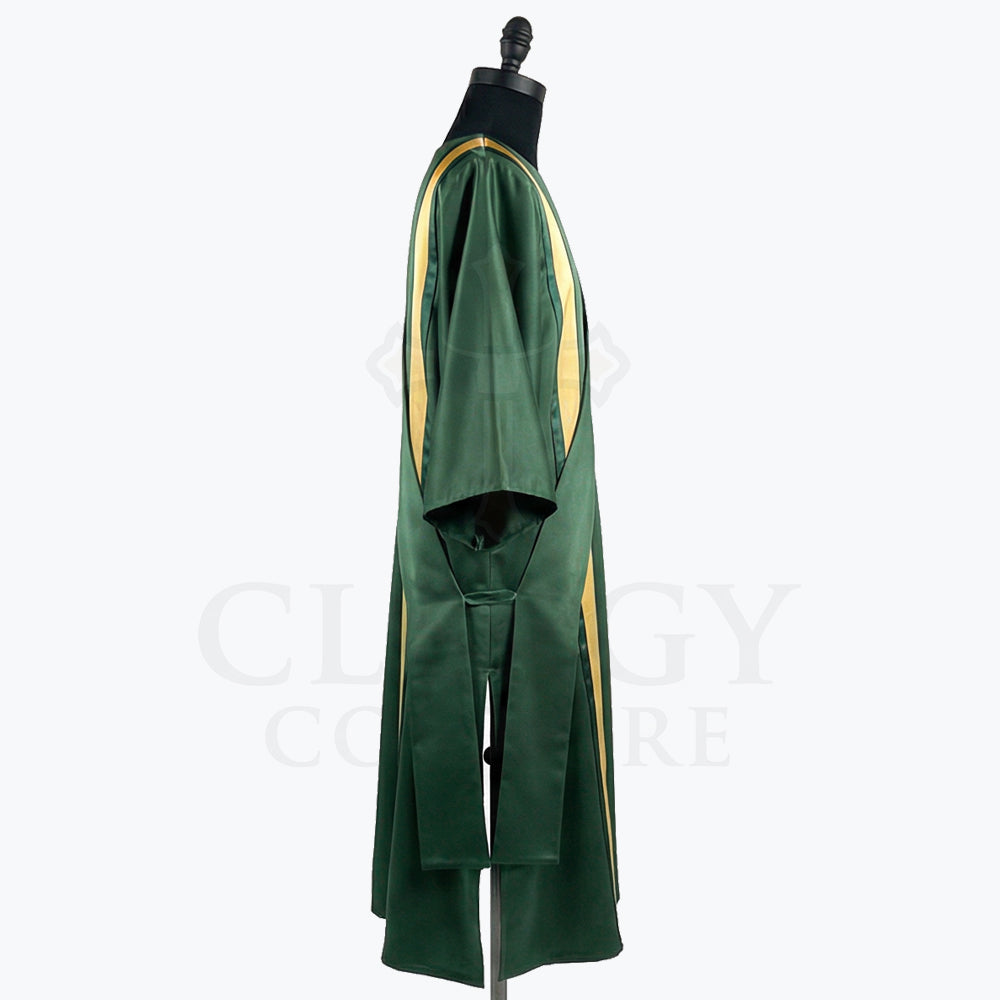 Side view of the green dalmatic showing the wide open sleeve, the side slit and the hanging end of the deacon's stole