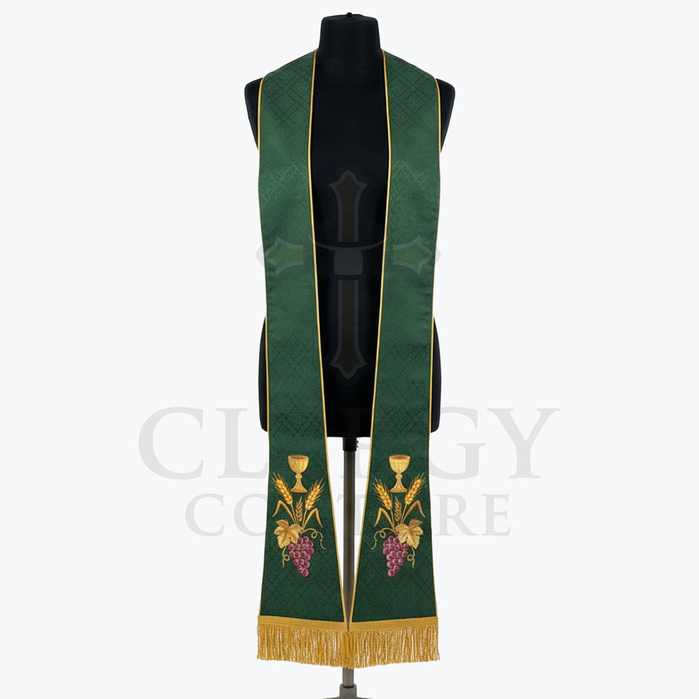 Dark green Eucharist Stole with a woven diamond pattern and a gold chalice, wheat and grapes near the hem.