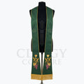 Dark green Eucharist Stole with a woven diamond pattern and a gold chalice, wheat and grapes near the hem.