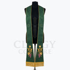 Dark green Eucharist Stole with a woven diamond pattern and a gold chalice, wheat and grapes near the hem.